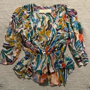 Jen's Pirate Booty Multicolor Abstract Print Sheer Peplum Blouse